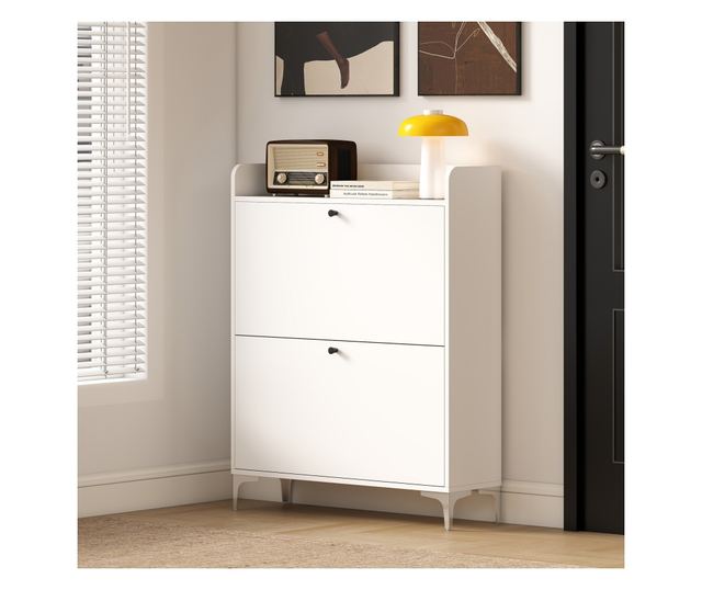 Slim cipőtartó 2 lehajtható fiókkal és állítható polcokkal, fa és fém, 80x24x101cm, fehér