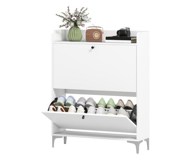 Slim cipőtartó 2 lehajtható fiókkal és állítható polcokkal, fa és fém, 80x24x101cm, fehér