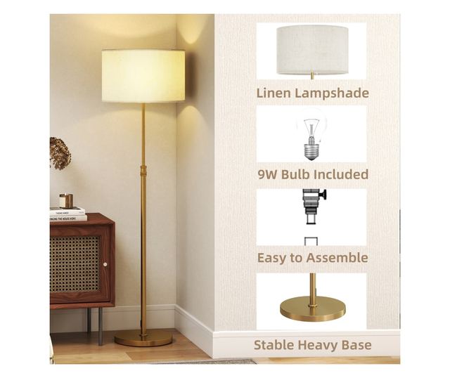 Állítható Fényerejű Állólámpa Távirányítóval 3000K-6000K, Szövet Lámpaernyő, Arany