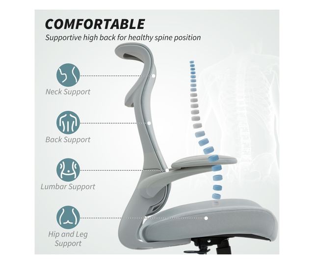Ergonomikus irodai szék állítható karfákkal és fejtámlával, szürke