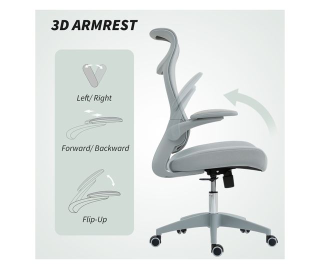 Ergonomikus irodai szék állítható karfákkal és fejtámlával, szürke
