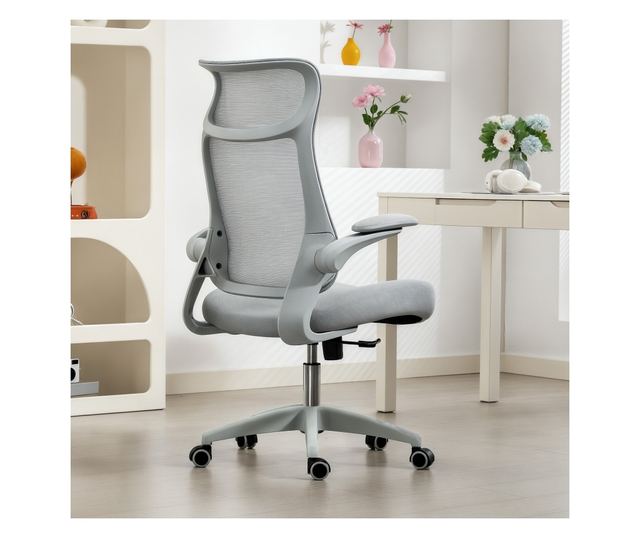 Ergonomikus irodai szék állítható karfákkal és fejtámlával, szürke