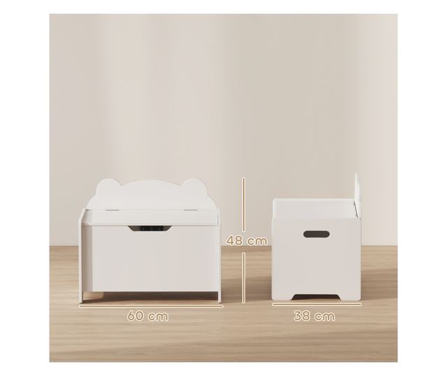 Fa játéktároló maci tetővel, 20kg teherbírás, 60x38x48 cm, fehér