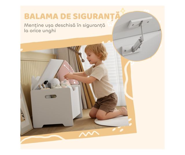 Fa játéktároló maci tetővel, 20kg teherbírás, 60x38x48 cm, fehér