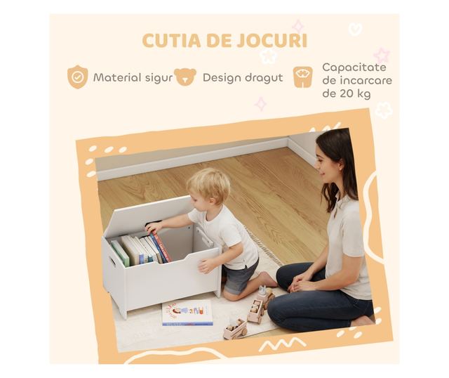 Fa játéktároló maci tetővel, 20kg teherbírás, 60x38x48 cm, fehér