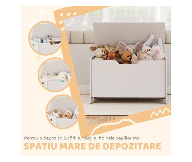 Fa játéktároló maci tetővel, 20kg teherbírás, 60x38x48 cm, fehér