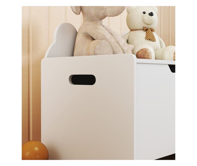 Fa játéktároló maci tetővel, 20kg teherbírás, 60x38x48 cm, fehér