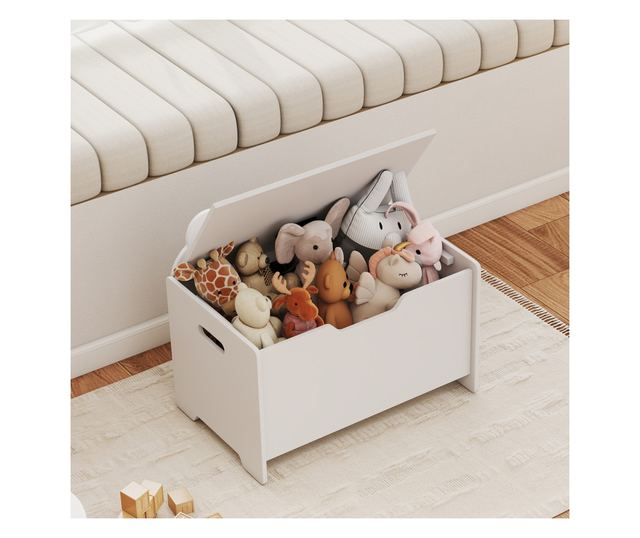 Fa játéktároló maci tetővel, 20kg teherbírás, 60x38x48 cm, fehér