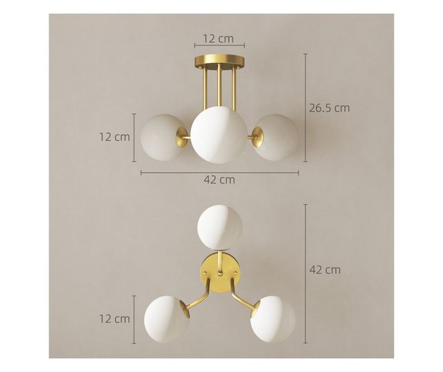 Vintage csillár 3 izzóponttal, G9 foglalatokkal, 42x42x26,5 cm, izzók nélkül, arany