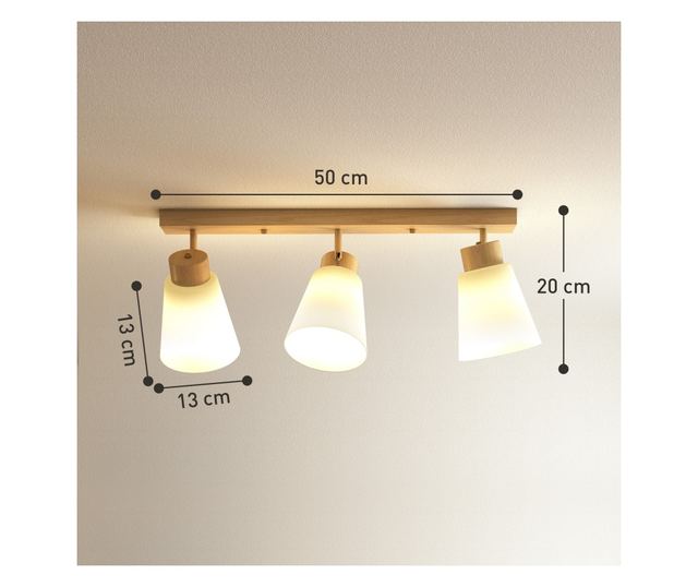 Mennyezeti lámpa 3 állítható fényponttal 90°-ban, E27 foglalatok, fa szín