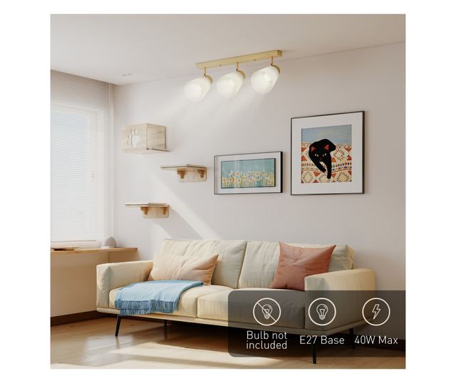 Mennyezeti lámpa 3 állítható fényponttal 90°-ban, E27 foglalatok, fa szín