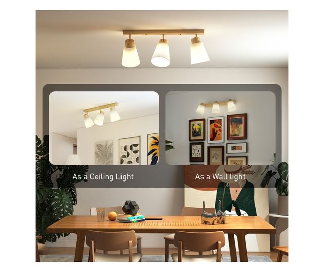 Mennyezeti lámpa 3 állítható fényponttal 90°-ban, E27 foglalatok, fa szín