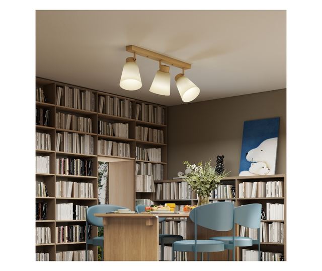 Mennyezeti lámpa 3 állítható fényponttal 90°-ban, E27 foglalatok, fa szín