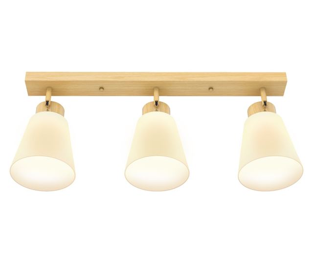 Mennyezeti lámpa 3 állítható fényponttal 90°-ban, E27 foglalatok, fa szín