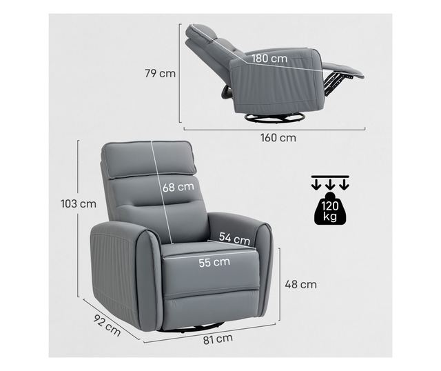 Manuálisan Dönthető Fotel Lábzsámollyal, Műbőr Szövettel és Forgatható Talppal, Szürke