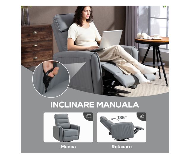 Manuálisan Dönthető Fotel Lábzsámollyal, Műbőr Szövettel és Forgatható Talppal, Szürke