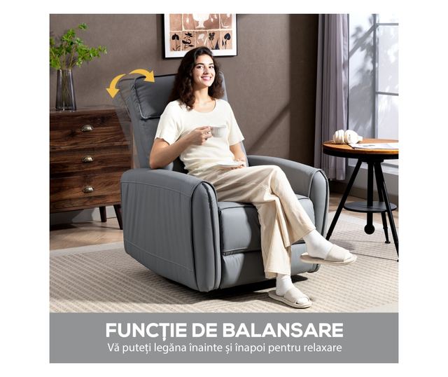 Manuálisan Dönthető Fotel Lábzsámollyal, Műbőr Szövettel és Forgatható Talppal, Szürke