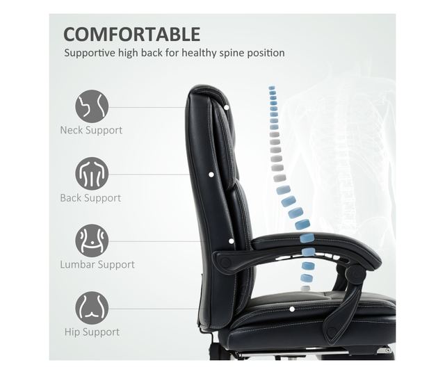 Dönthető irodai szék lábtartóval és 120 kg teherbírással, fekete