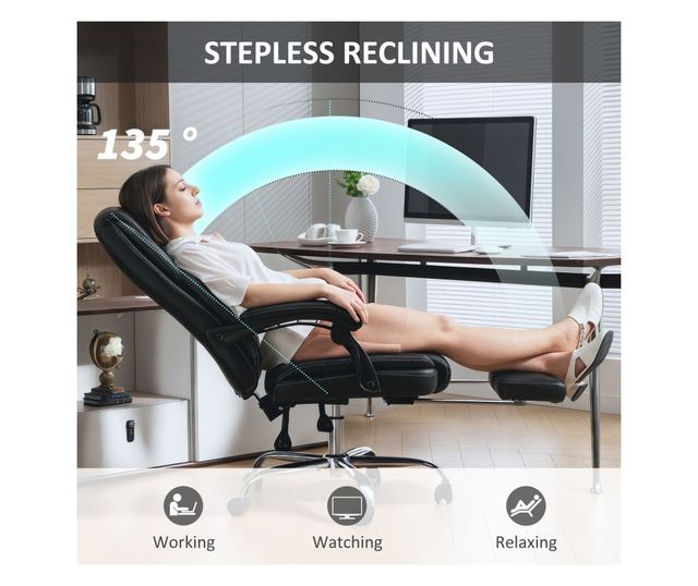 Dönthető irodai szék lábtartóval és 120 kg teherbírással, fekete