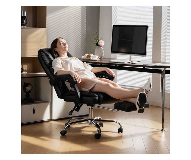 Dönthető irodai szék lábtartóval és 120 kg teherbírással, fekete