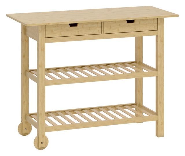 Bambusz konyhai kocsi 2 fiókkal, 2 polccal és 2 kerékkel, 100x43x75 cm, Fa