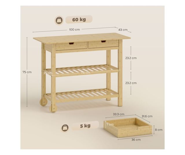 Bambusz konyhai kocsi 2 fiókkal, 2 polccal és 2 kerékkel, 100x43x75 cm, Fa