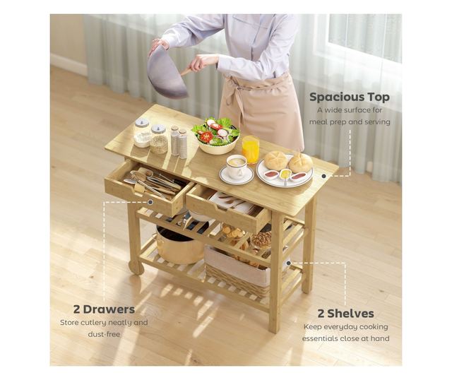 Bambusz konyhai kocsi 2 fiókkal, 2 polccal és 2 kerékkel, 100x43x75 cm, Fa