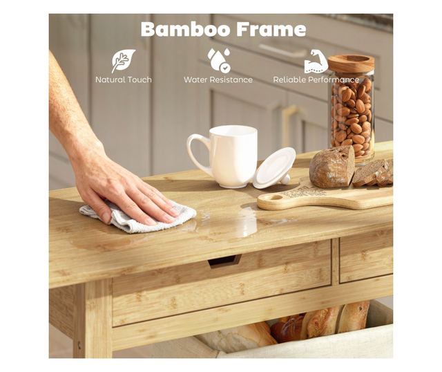 Bambusz konyhai kocsi 2 fiókkal, 2 polccal és 2 kerékkel, 100x43x75 cm, Fa