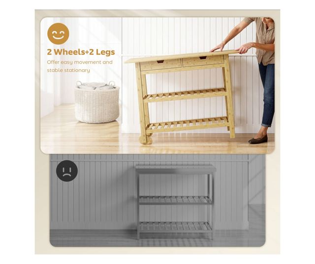 Bambusz konyhai kocsi 2 fiókkal, 2 polccal és 2 kerékkel, 100x43x75 cm, Fa