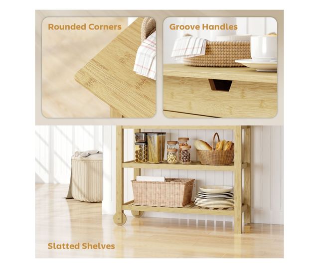 Bambusz konyhai kocsi 2 fiókkal, 2 polccal és 2 kerékkel, 100x43x75 cm, Fa