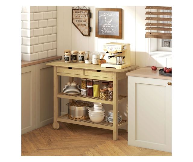 Bambusz konyhai kocsi 2 fiókkal, 2 polccal és 2 kerékkel, 100x43x75 cm, Fa