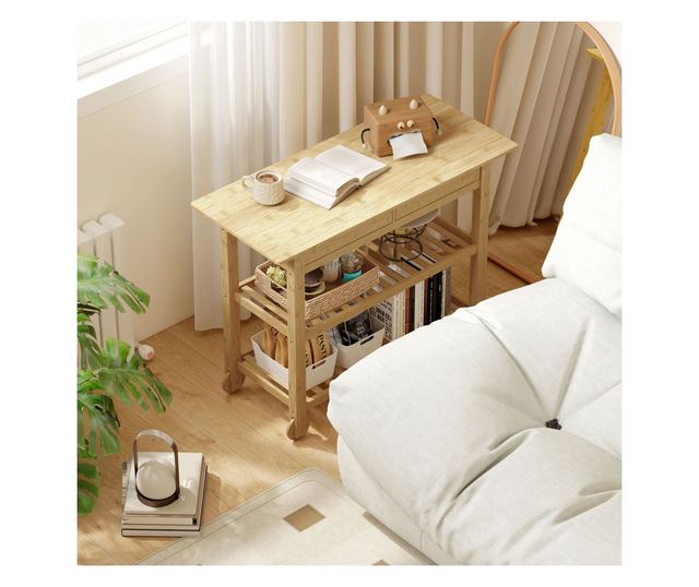 Bambusz konyhai kocsi 2 fiókkal, 2 polccal és 2 kerékkel, 100x43x75 cm, Fa