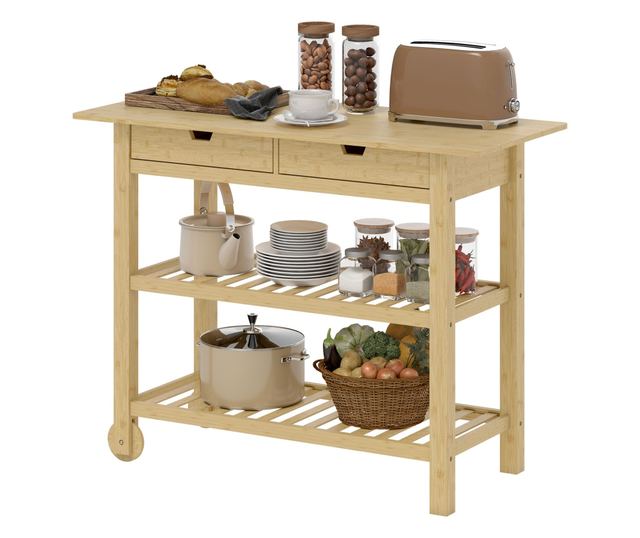 Bambusz konyhai kocsi 2 fiókkal, 2 polccal és 2 kerékkel, 100x43x75 cm, Fa