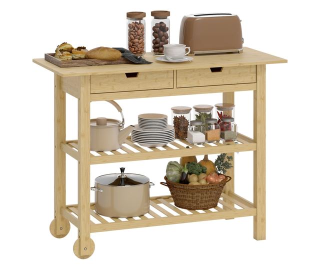 Bambusz konyhai kocsi 2 fiókkal, 2 polccal és 2 kerékkel, 100x43x75 cm, Fa