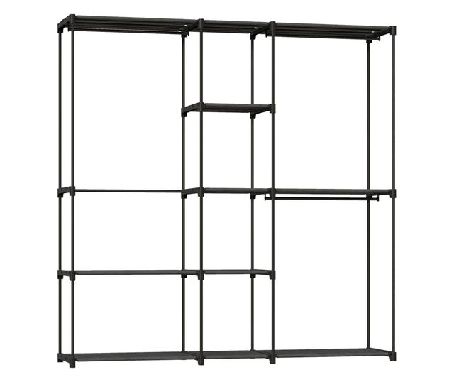 Szövet gardróbszekrény 8 polccal és 3 ruhaakasztó rúddal, 182x43x185 cm, fekete