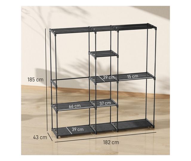 Szövet gardróbszekrény 8 polccal és 3 ruhaakasztó rúddal, 182x43x185 cm, fekete