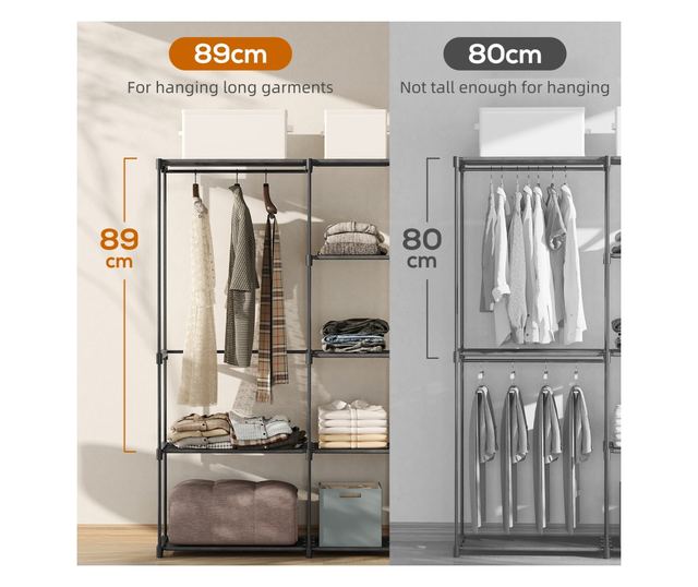 Szövet gardróbszekrény 8 polccal és 3 ruhaakasztó rúddal, 182x43x185 cm, fekete