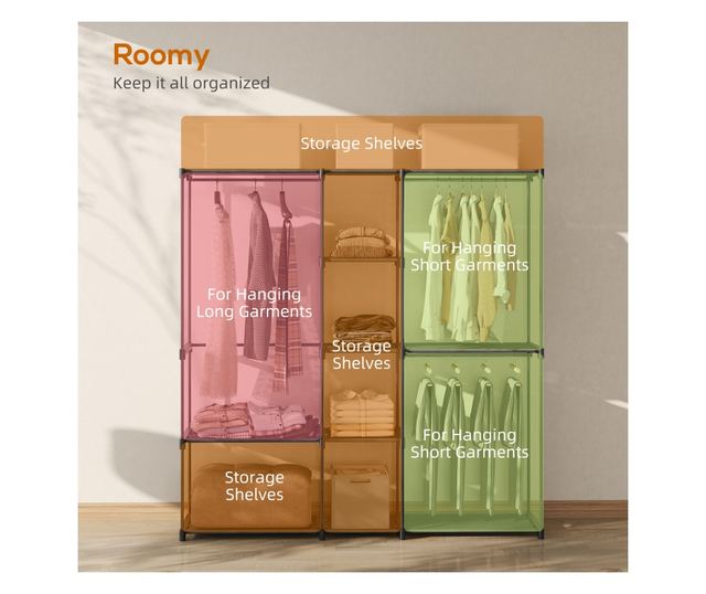 Szövet gardróbszekrény 8 polccal és 3 ruhaakasztó rúddal, 182x43x185 cm, fekete