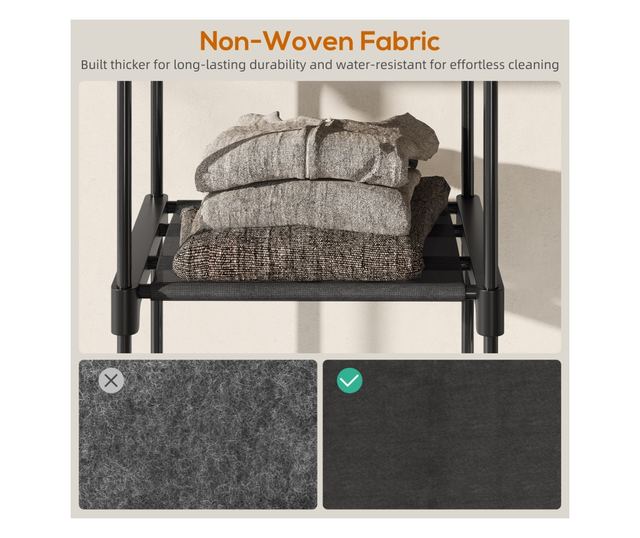 Szövet gardróbszekrény 8 polccal és 3 ruhaakasztó rúddal, 182x43x185 cm, fekete