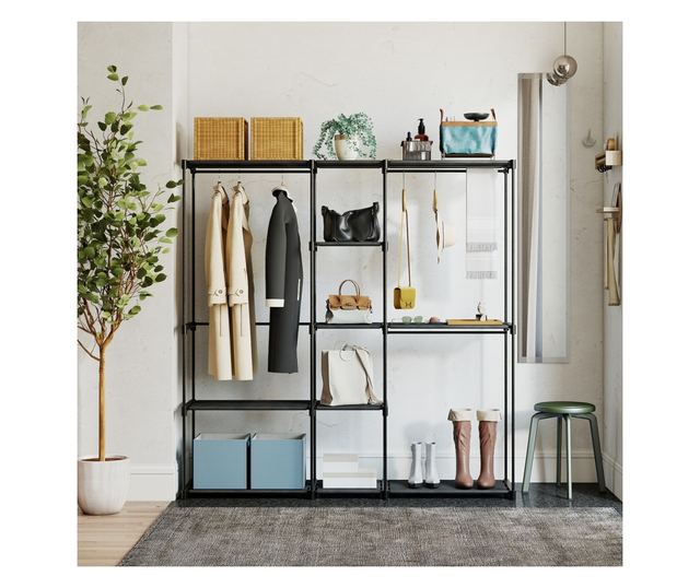 Szövet gardróbszekrény 8 polccal és 3 ruhaakasztó rúddal, 182x43x185 cm, fekete