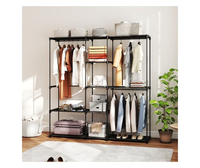 Szövet gardróbszekrény 8 polccal és 3 ruhaakasztó rúddal, 182x43x185 cm, fekete