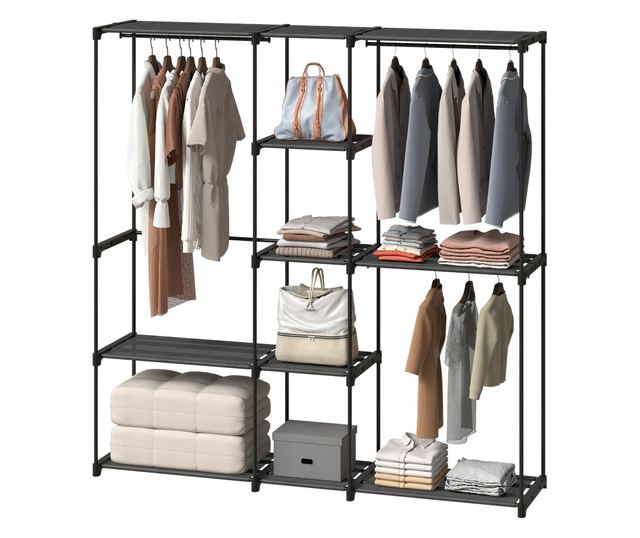 Szövet gardróbszekrény 8 polccal és 3 ruhaakasztó rúddal, 182x43x185 cm, fekete
