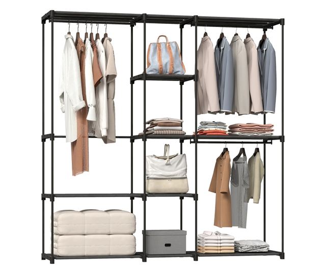 Szövet gardróbszekrény 8 polccal és 3 ruhaakasztó rúddal, 182x43x185 cm, fekete
