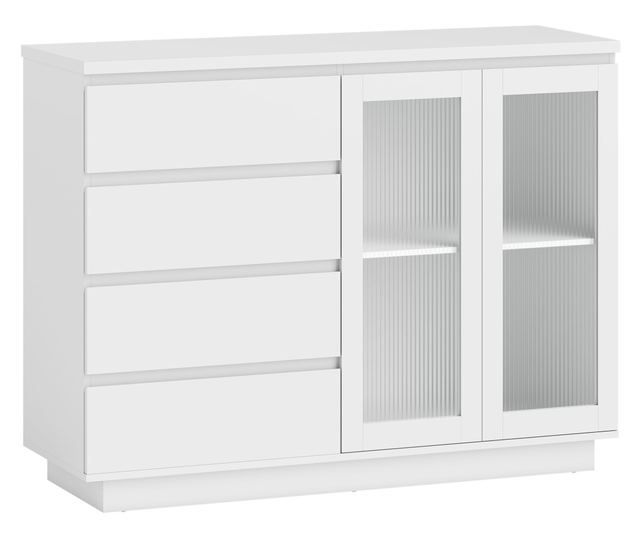 Fa tálalószekrény 4 fiókkal és üvegajtós szekrénnyel, állítható polcokkal, 120x40x91 cm, fehér
