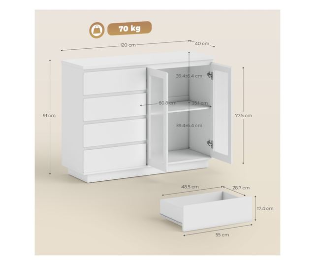 Fa tálalószekrény 4 fiókkal és üvegajtós szekrénnyel, állítható polcokkal, 120x40x91 cm, fehér