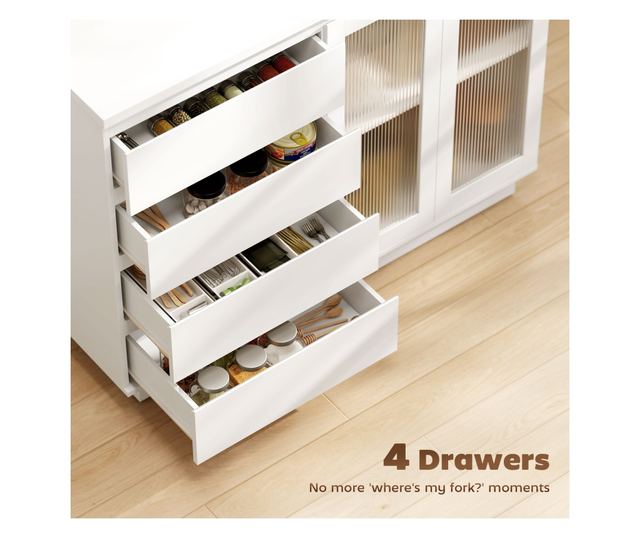 Fa tálalószekrény 4 fiókkal és üvegajtós szekrénnyel, állítható polcokkal, 120x40x91 cm, fehér