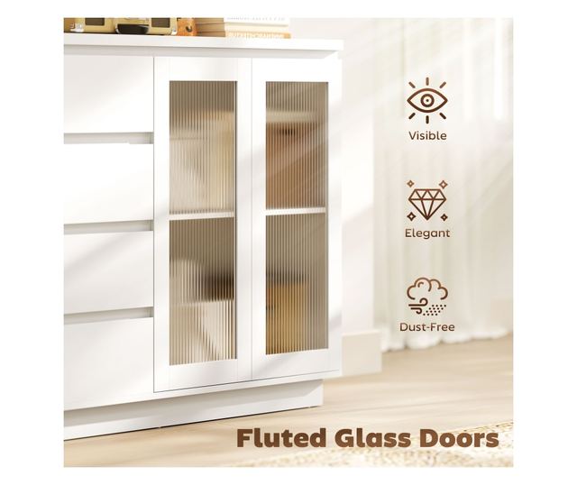 Fa tálalószekrény 4 fiókkal és üvegajtós szekrénnyel, állítható polcokkal, 120x40x91 cm, fehér