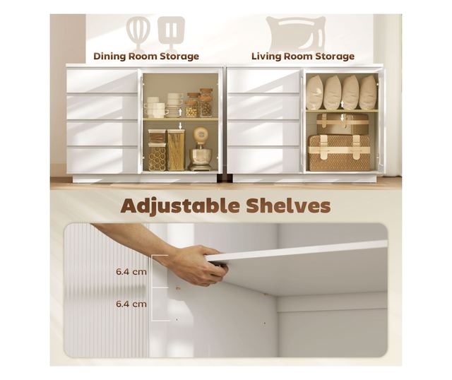 Fa tálalószekrény 4 fiókkal és üvegajtós szekrénnyel, állítható polcokkal, 120x40x91 cm, fehér