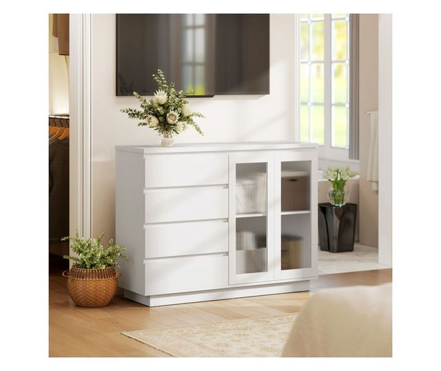 Fa tálalószekrény 4 fiókkal és üvegajtós szekrénnyel, állítható polcokkal, 120x40x91 cm, fehér