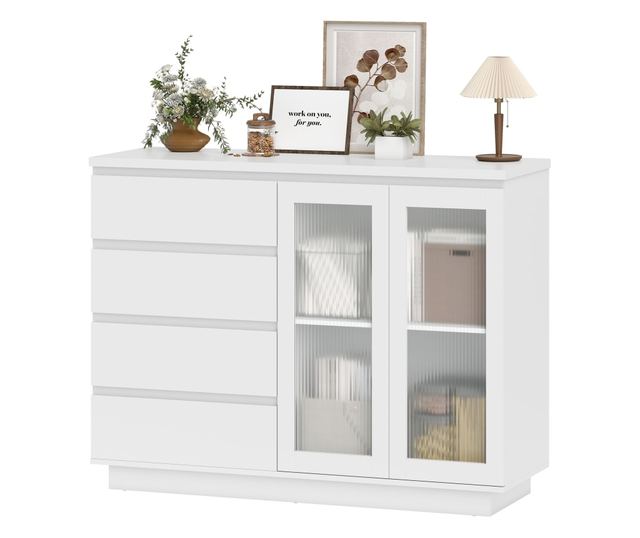 Fa tálalószekrény 4 fiókkal és üvegajtós szekrénnyel, állítható polcokkal, 120x40x91 cm, fehér
